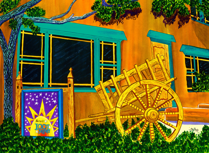 Watercolor painting of a sunlit Santa Fe courtyard scene with adobe walls, a vintage wagon, and bright turquoise windows against warm earthy tones