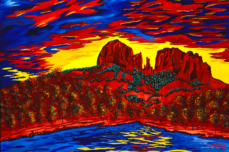 “Cathedral Magic” by Sedona artist Clark Sheppard — luminous acrylic Southwest artwork featuring Cathedral Rock and Oak Creek, radiant in desert sunset hues.