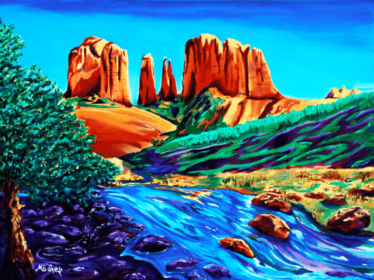 Oil painting of Cathedral Rock reflected in Oak Creek at Red Rock Crossing in Sedona by Clark Sheppard.