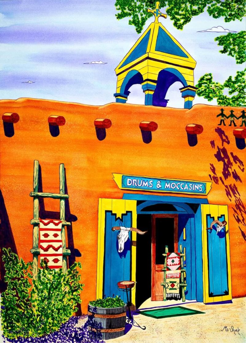 “Drums & Moccasins Artwork” | Watercolor painting of a Native American drum and moccasins arranged on a textured surface with warm earthy tones and layered washes of color