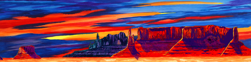 Enchantment | Panoramic watercolor of Sedona mesas glowing under a tranquil sky with soft washes of red, blue, and gold.