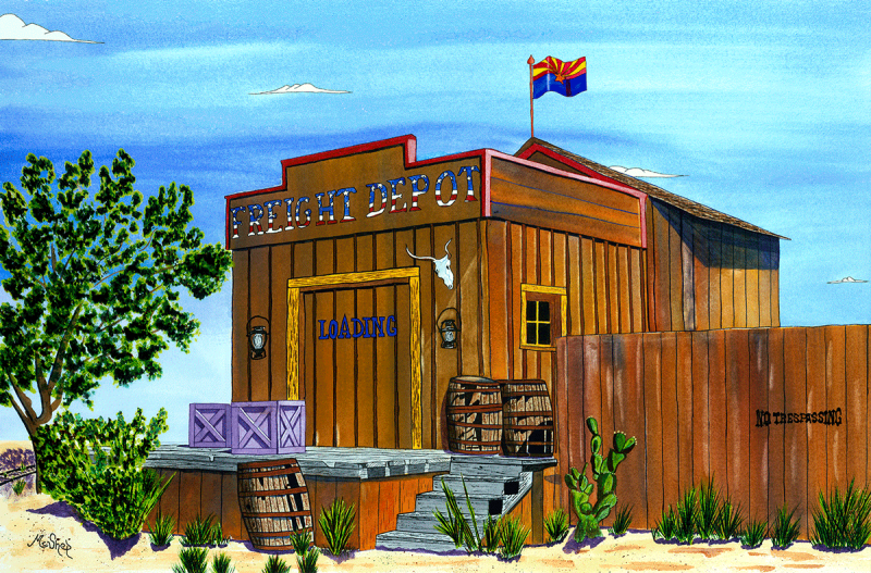 Watercolor painting of an old railroad freight depot building with weathered wood, surrounding tracks, and warm light casting shadows across the scene