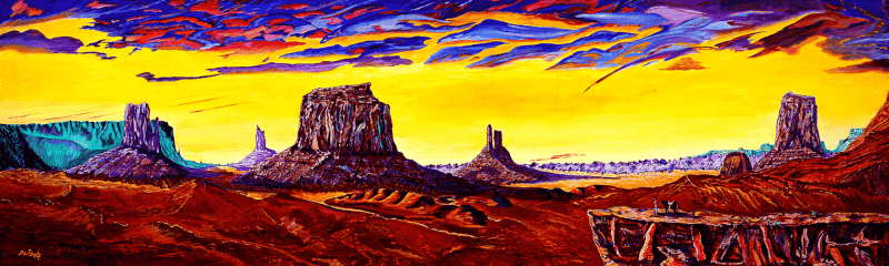 Panoramic Monument Valley painting with dramatic yellow and purple Southwest sky