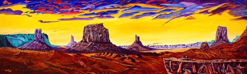 Monument Valley panoramic painting depicting John Ford Point with vibrant, glowing colors and an Indian rider in a red vest, capturing Hollywood's legendary cinematic history.