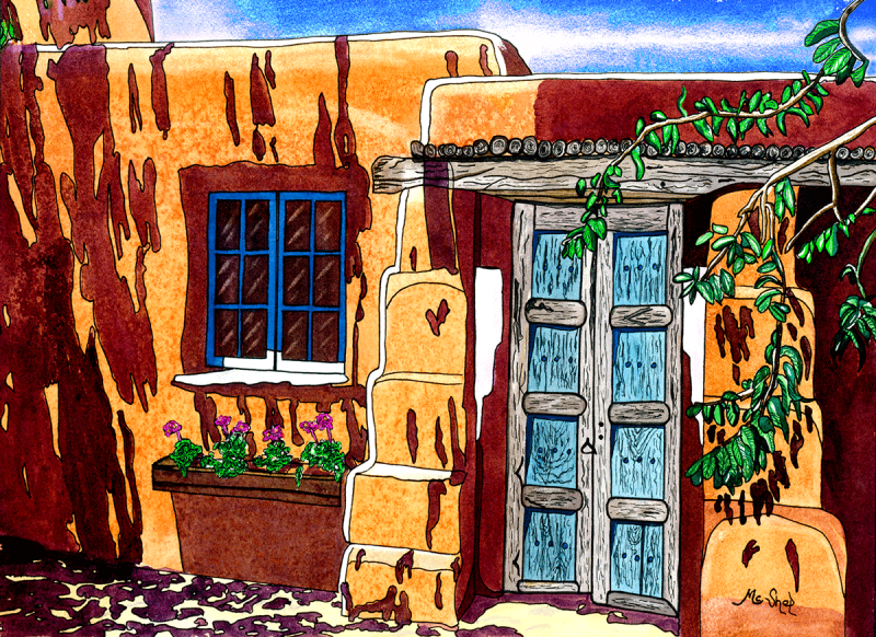 Adobe building on Canyon Road in Santa Fe with turquoise doors, warm stucco walls, and soft desert light.