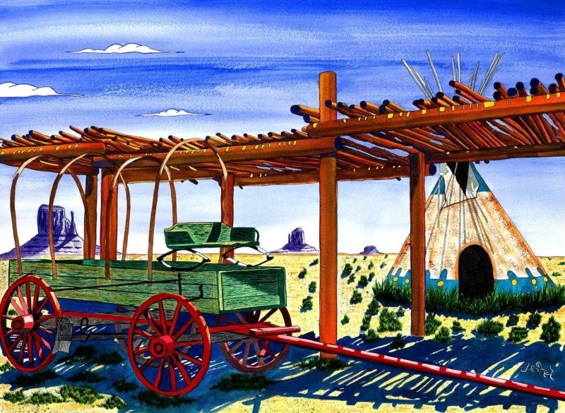 Watercolor painting of a rustic palapa structure with wooden posts and thatched roof set among desert vegetation and warm natural light