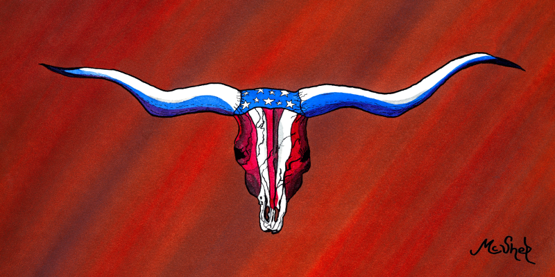 Watercolor painting of a panoramic longhorn skull with American flag-inspired red, white, and blue colors against a rich red textured background