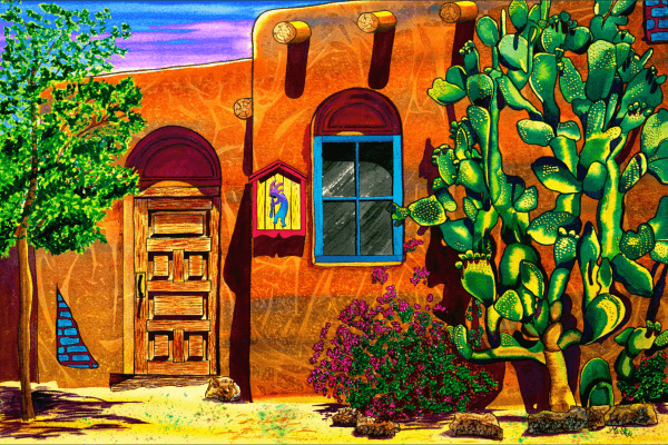 “Original painting titled ‘Pitiado’ by Clark Sheppard – glowing sky, bold southwest patterns, and Sedona-inspired landscape.”