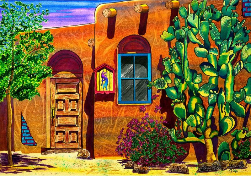 Pitiado. SSouthwest adobe building with cactus and Kokopelli watercolor
