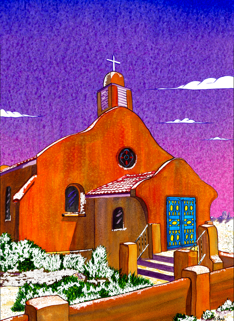 Watercolor painting of snow-covered desert bushes and rocks beneath a cloudy sky with soft muted tones and layered washes of winter landscape