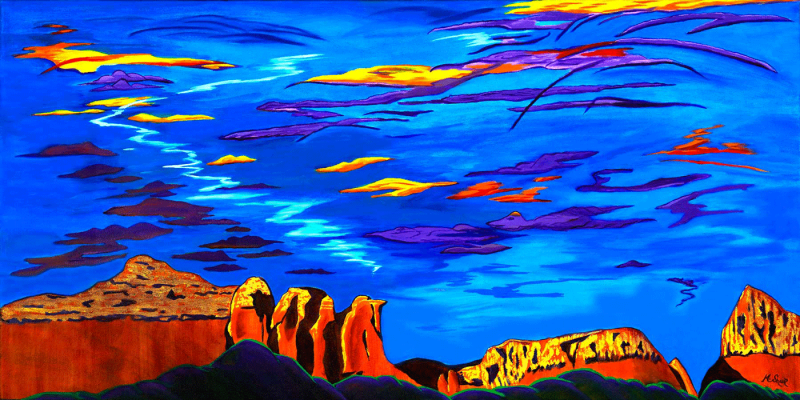 "Sailing Sedona's Sky" by Clark Sheppard Panoramic oil painting of Sedona’s sky and Coffee Pot Rock.