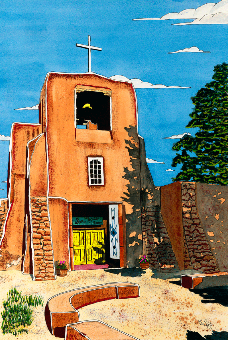 Adobe mission church with cross, blue sky, curved wall, and tree in watercolor style