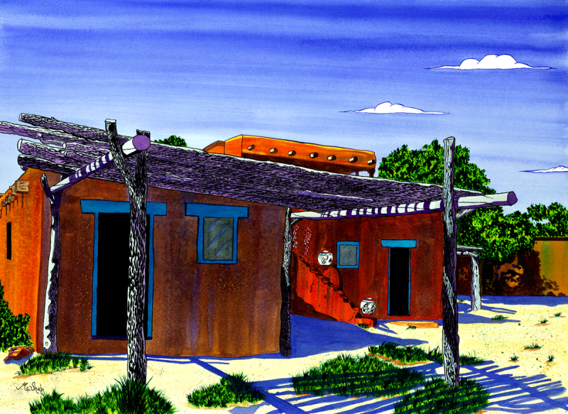 Watercolor painting of traditional Pueblo adobe structures with textured earth walls and clustered buildings under a wide southwestern sky