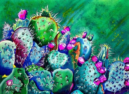 Sedona Cactus. Watercolor painting of a prickly pear cactus with pink fruit and layered washes of desert color in a Sedona landscape scene