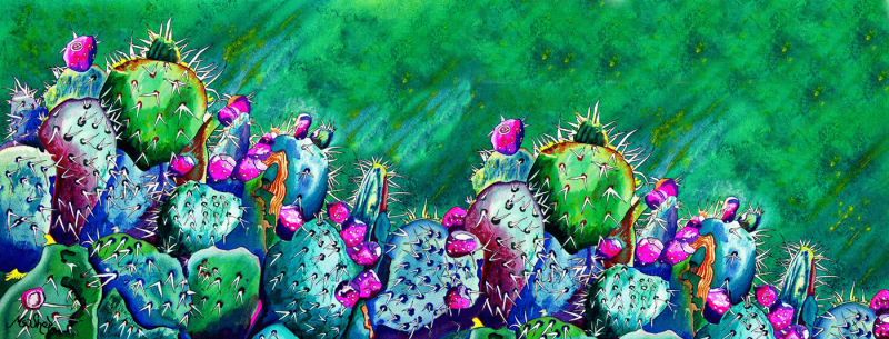 Watercolor painting of a panoramic desert scene with prickly pear cactus pads and magenta blossoms under warm Arizona light