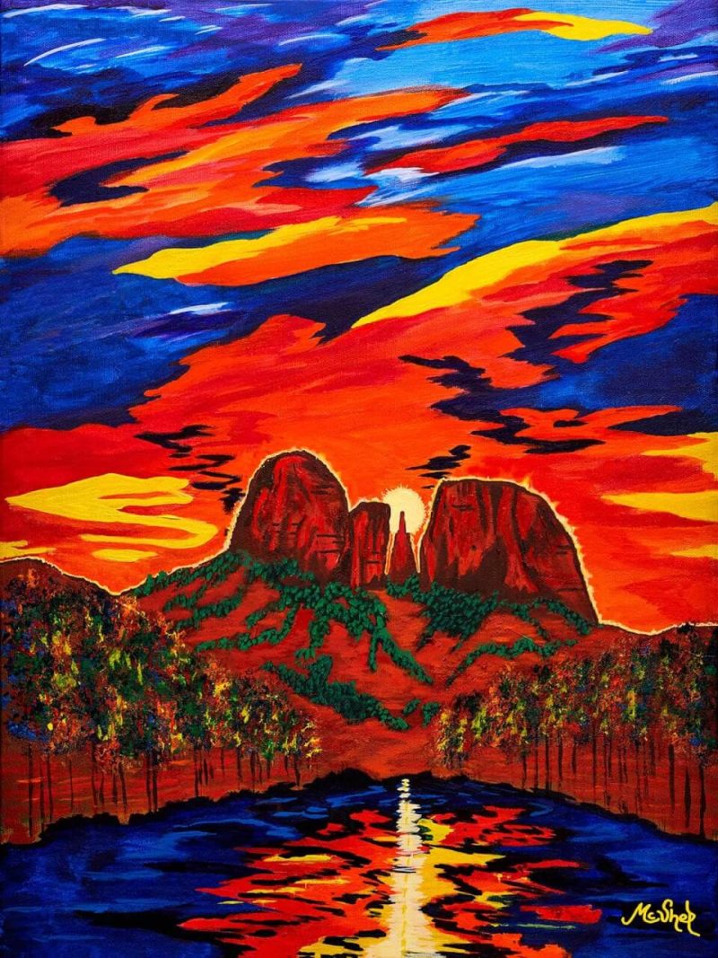 “Sedona's 1st Light” by Sedona artist Clark Sheppard — luminous oil desert landscape painting of Cathedral Rock at sunrise with reflections in Oak Creek; Sedona luminous landscape art.