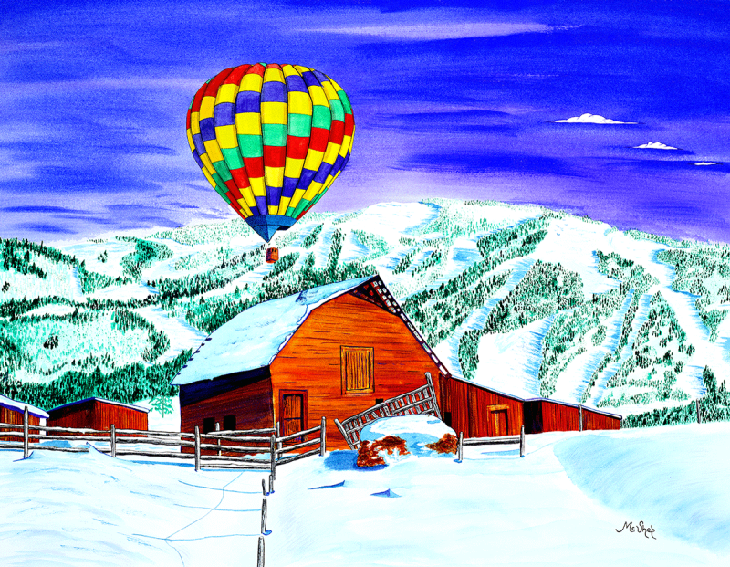 Watercolor painting of colorful hot air balloons floating above a scenic river valley with distant trees and soft mountain slopes under a clear sky