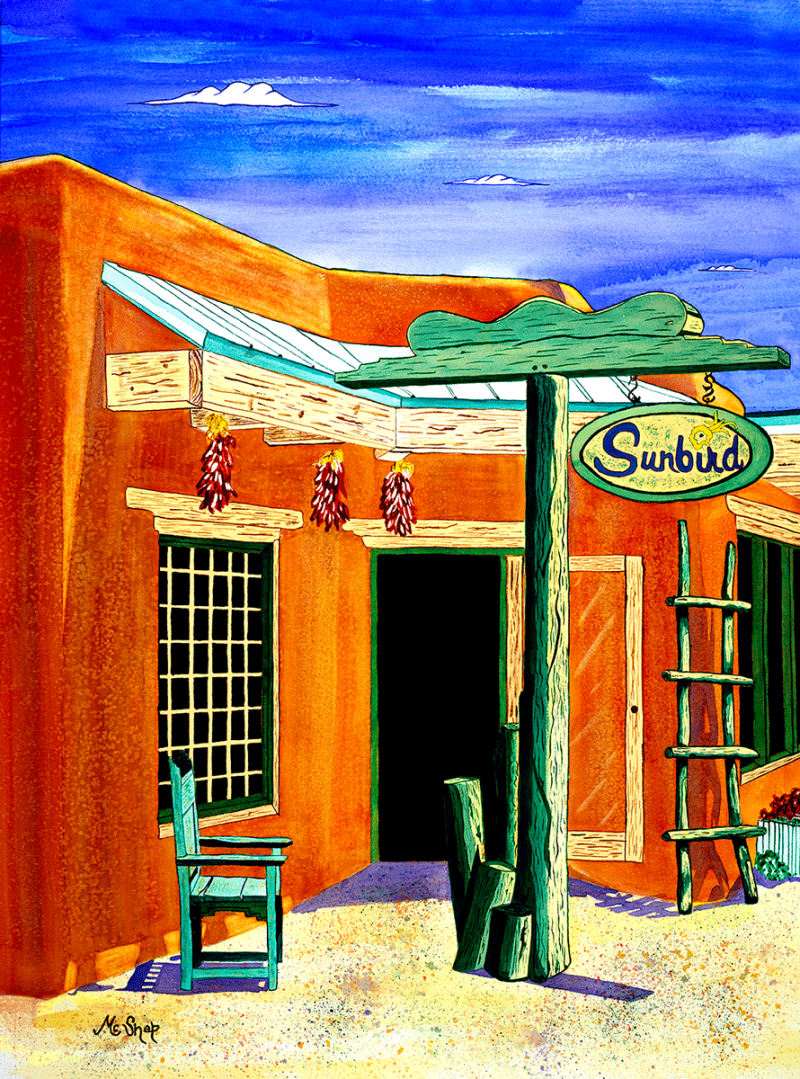 Watercolor painting of a stylized hummingbird in mid-flight with vibrant orange and yellow tones against a soft abstract background