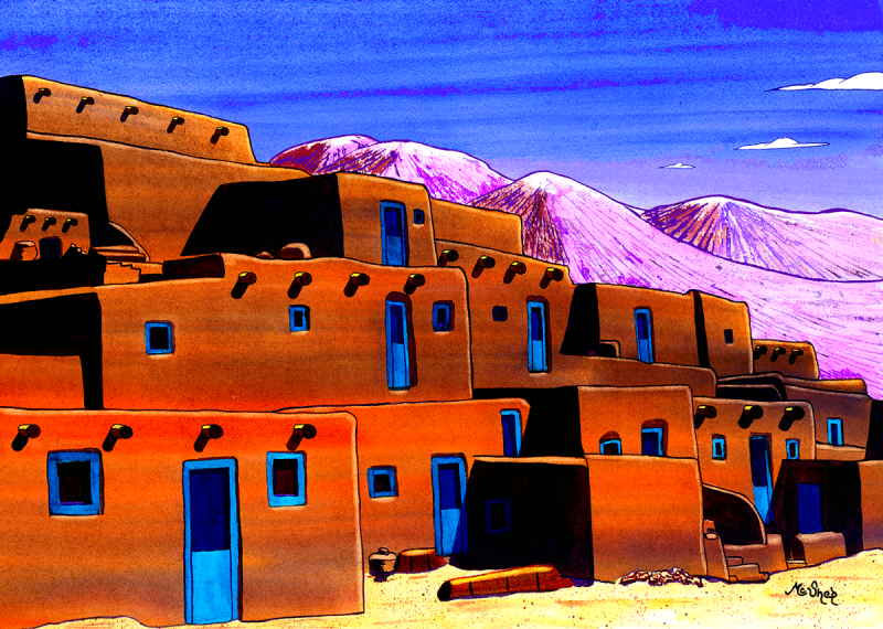 Watercolor painting of multi-story adobe pueblo buildings with textured earth tones under a bright southwestern sky