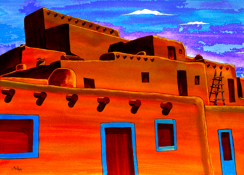 Watercolor painting of rustic wooden vigas projecting from an adobe wall with textured earth tones and warm natural light