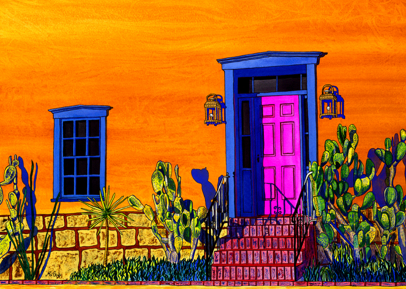 Watercolor painting of bright periwinkle wildflowers blooming in a desert landscape with warm light and soft washes of color