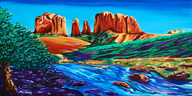 : “Creekside Cathedral” by Sedona artist Clark Sheppard — luminous oil painting of Cathedral Rock and Oak Creek; hallmark of Sedona luminous landscapes, Southwest wall art, and mystical Sedona Artwork.