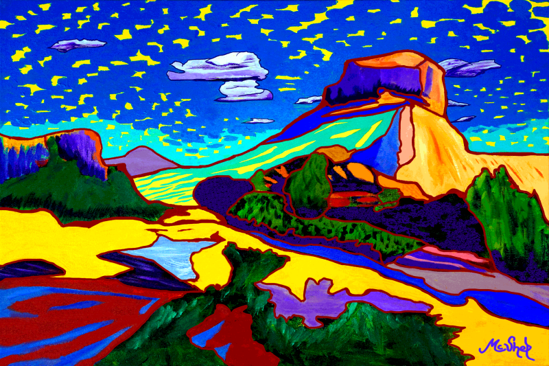 Inspired painting – vibrant Sedona landscape with distinctively patterned skies, glowing colors, and extraordinary mystical art by a dedicated Sedona artist.