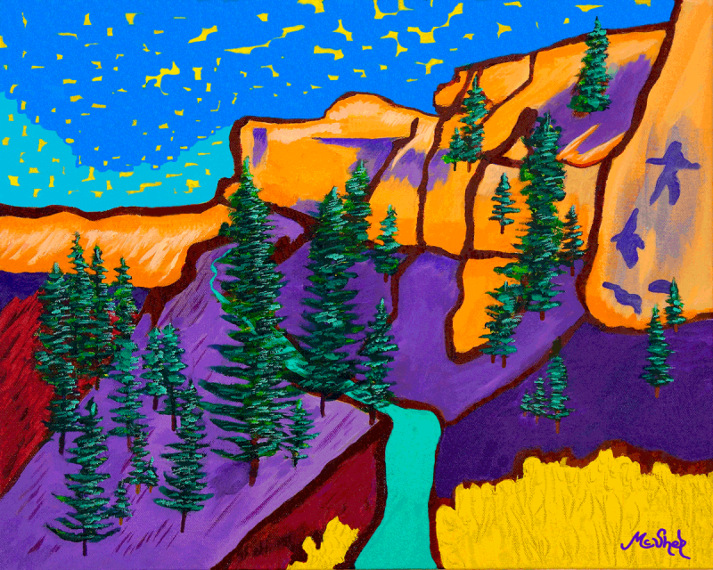 Bryce Canyon painting by Clark Sheppard, early southwest artwork of Rim Trail with red rocks, pine trees, and a glowing sky.