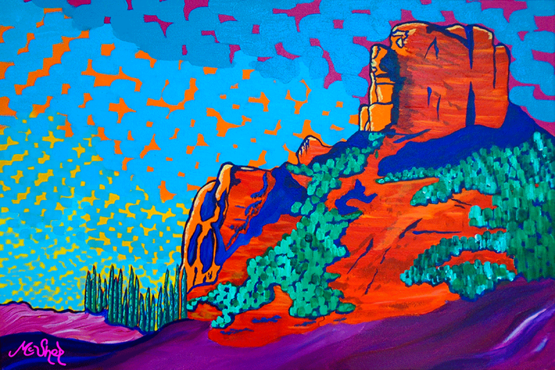 “Enchanted Castle” by Sedona artist Clark Sheppard — luminous acrylic landscape painting of Castle Rock in the Village of Oak Creek, Sedona, Arizona, glowing in sunset hues.