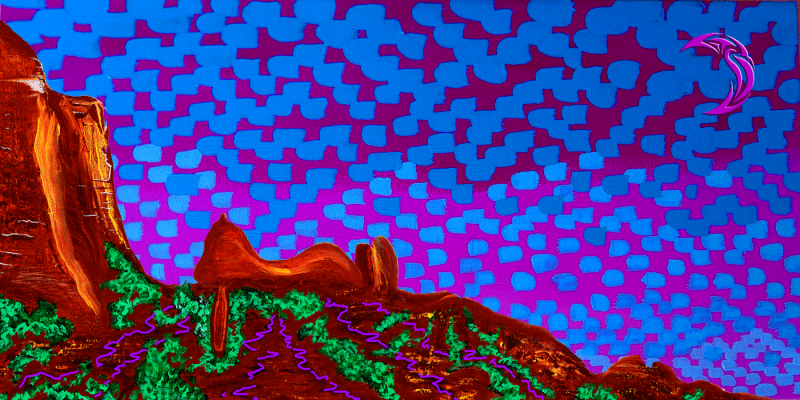 “Electric Snoopy” by Sedona artist Clark Sheppard — fluorescent acrylic panoramic painting featuring Snoopy Rock, a patterned electric sky in magenta and blue, luminous vegetation, and a glowing moon glyph.