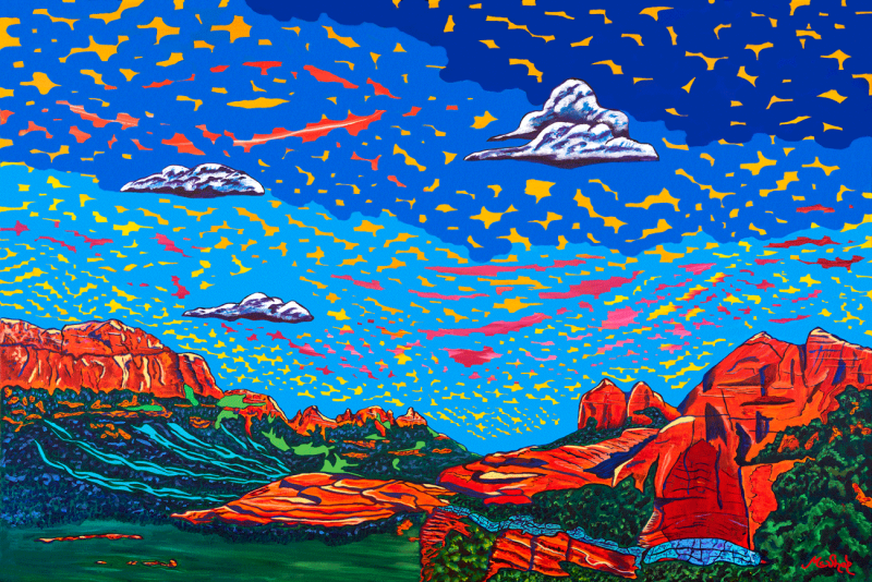 Arabella painting by Sedona artist Clark Sheppard, featuring vivid red rocks, patterned sky, and glowing desert landscape with mystical cloud shapes.
