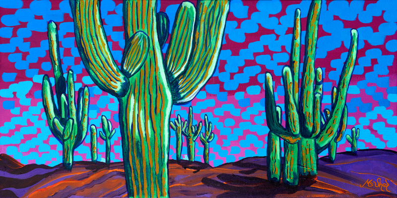 Alt Text “Iconic Saguaro” by Sedona artist Clark Sheppard — panoramic acrylic painting of saguaro cacti beneath a glowing Arizona sky; a luminous tribute to Southwest beauty.