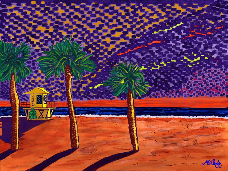 Serenity at Sunset beach painting of Clearwater, Florida with vivid sky and whimsical turtle, by Sedona artist Clark Sheppard