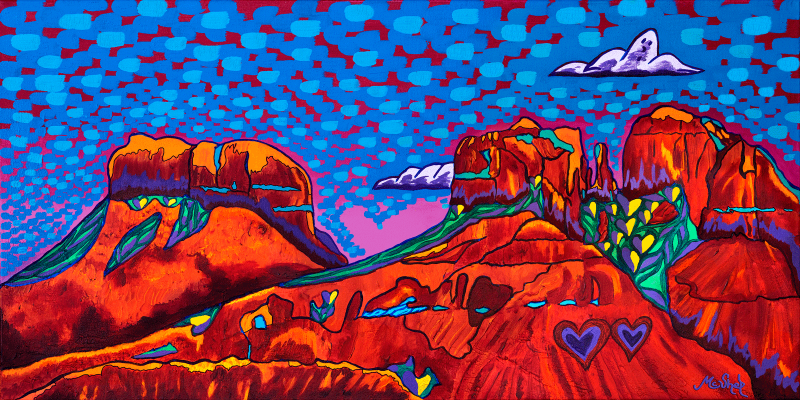 Sedona's Sacred Heart and Soul painting featuring Courthouse Butte and Cathedral Rock with 22 hidden hearts and a glowing sky.