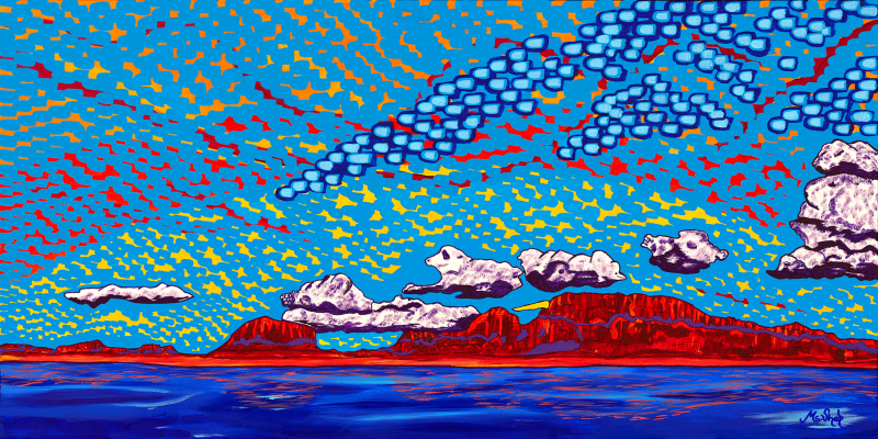 Buddha's Kaleidoscope panoramic landscape painting featuring Lake Powell’s Sleeping Indian formation beneath a vibrant, kaleidoscope-style sky in non-fluorescent acrylics.