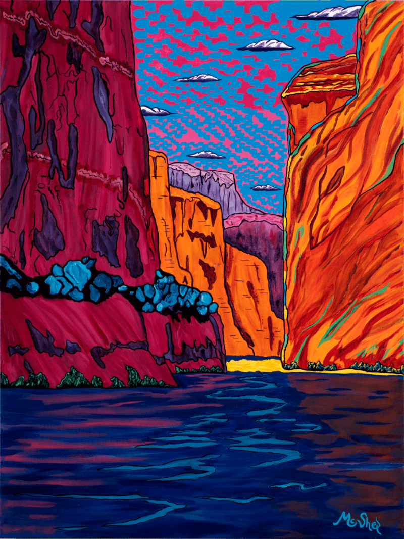 The Call of the Canyon by Clark Sheppard — luminous acrylic landscape of the Grand Canyon glowing with color, depth, and Southwest light.