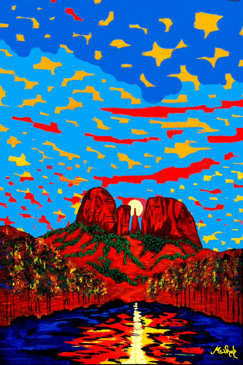 "Whimsical Daydream" Stylized Sedona landscape painting inspired by Cathedral Rock with imaginative sky