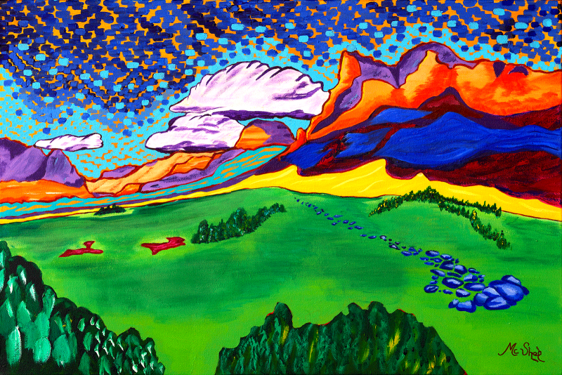 “Prism Sky” by Sedona artist Clark Sheppard — luminous acrylic painting of Sedona’s Gibraltar and Mermaid Rock ridge beneath a vivid sky of color and light.