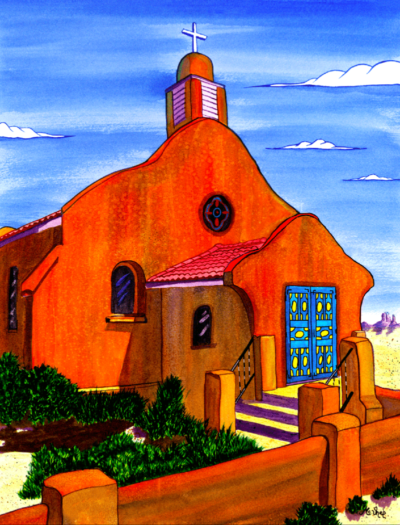 Watercolor painting of a historic adobe mission building with textured earth-toned walls, wooden doors, and surrounding desert landscape under soft natural light