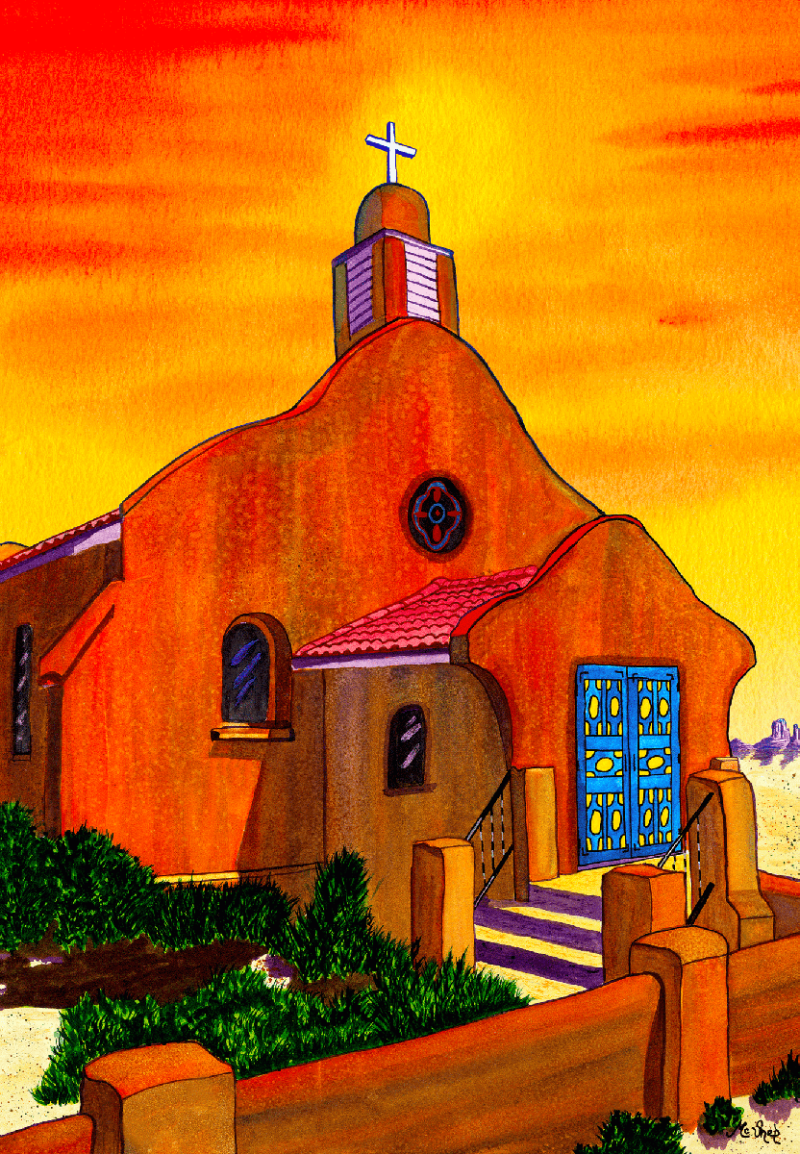 Watercolor painting of a historic adobe structure with textured earth tones, wooden beams, and surrounding desert vegetation under soft natural light