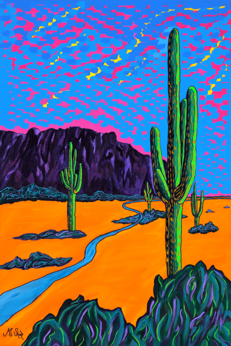“Mystical Desert Journey” by Sedona artist Clark Sheppard — luminous acrylic painting of Arizona saguaro cacti, orange desert floor, and a winding trail beneath a glowing sky.