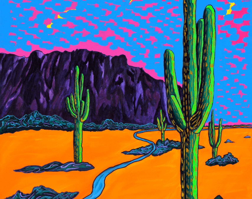 “Mystical Desert Journey” by Sedona artist Clark Sheppard — luminous acrylic painting of Arizona saguaro cacti, orange desert floor, and a winding trail beneath a glowing sky.