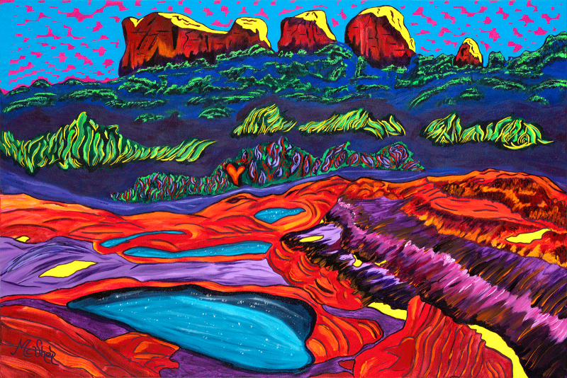 Sedona’s Seven Sacred Pools by Clark Sheppard — luminous acrylic painting of Sedona’s Seven Sacred Pools near Soldiers Pass, featuring reflective water, glowing cliffs, and patterned clouds beneath a radiant sky.