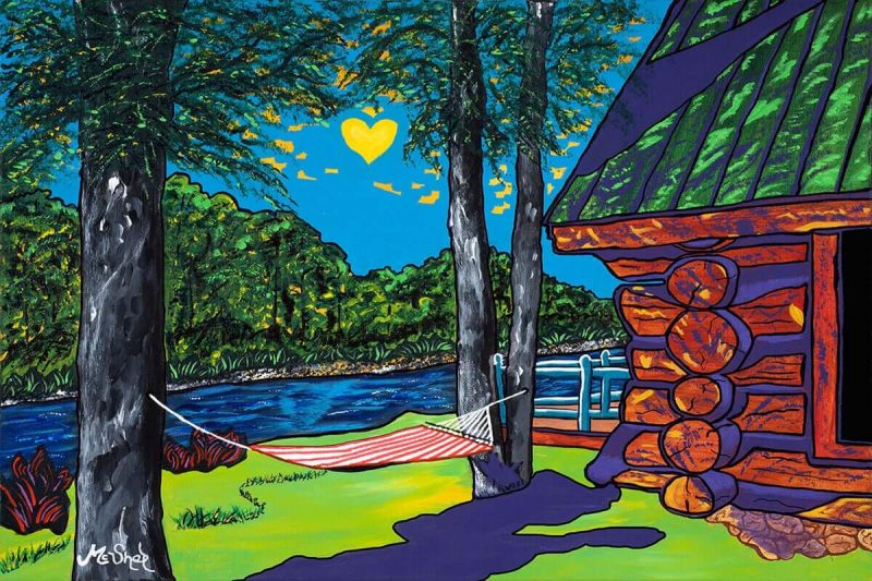 Peggy’s Cabin by Clark Sheppard — fluorescent acrylic of a cabin beside the Dolores River with a glowing heart, symbolizing love, peace, and gratitude.