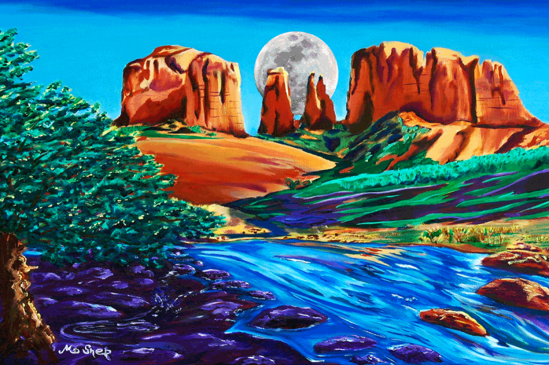 Cathedral Moon Southwest landscape painting of Sedona’s Cathedral Rock beneath a luminous full moon in a radiant sky