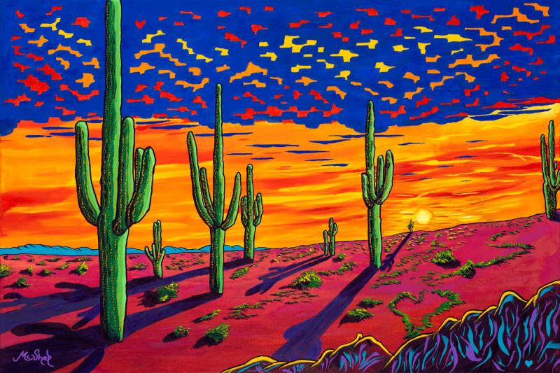 Saguaro cacti at sunrise with magenta and orange sky casting long purple shadows across desert