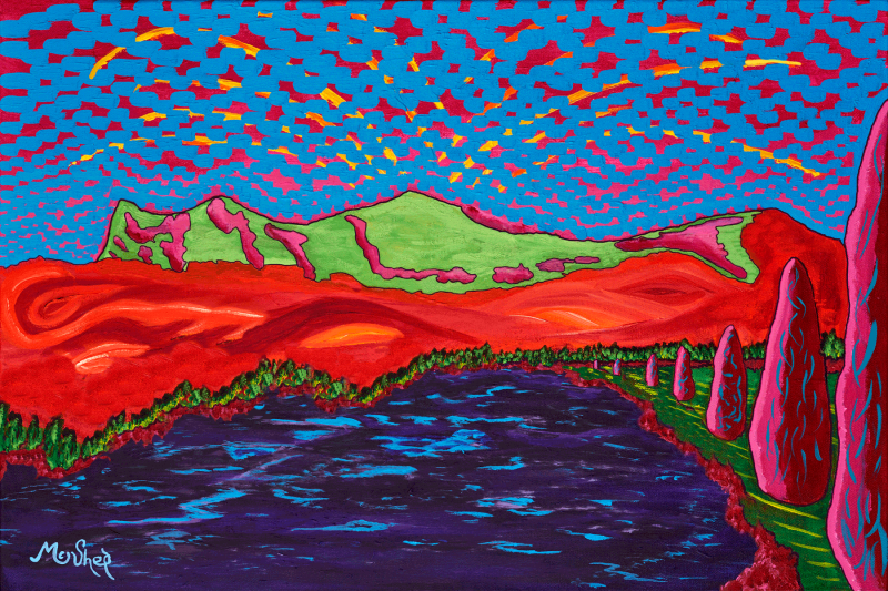 Mermaid’s Magical Dream. Fluorescent Sedona red rock landscape with hidden mermaid silhouette, magenta trees, and glowing desert sky