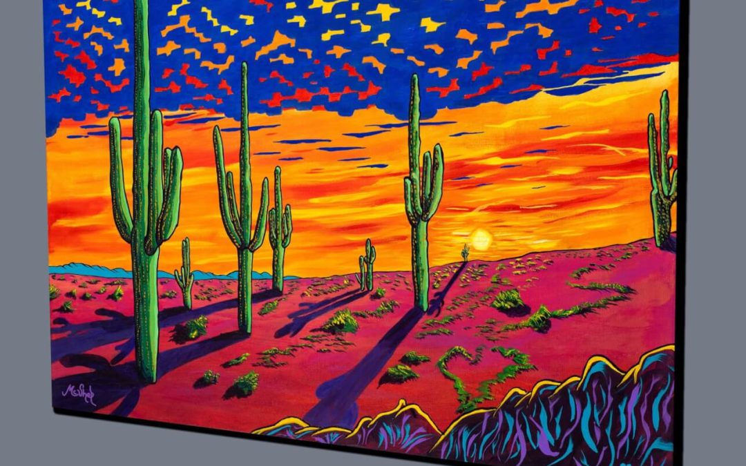 “Tequila Sunrise” painting by Clark Sheppard in canvas gallery wrap format, featuring vibrant cacti and a glowing desert sky