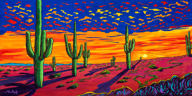 Tequila Sunrise Panorama by Sedona artist Clark Sheppard—a panoramic, luminous artwork of saguaros at sunrise with radiant skies and Southwest mystical colors.