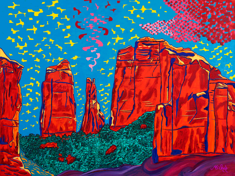 "Vortex LoversFluorescent red rock spires at Cathedral Rock glowing beneath a patterned blue sky with floating forms and mystical energy